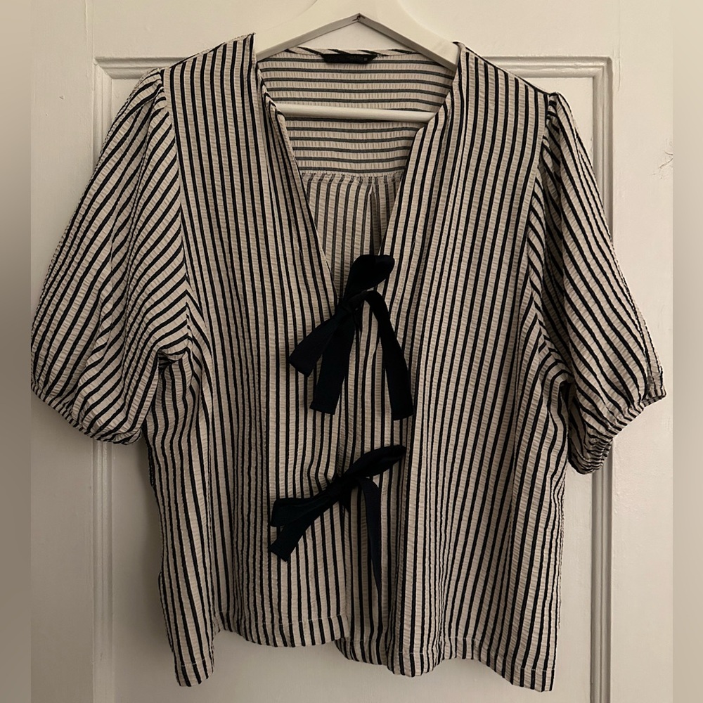 Zara Navy and White Striped Blouse with Bow Accents